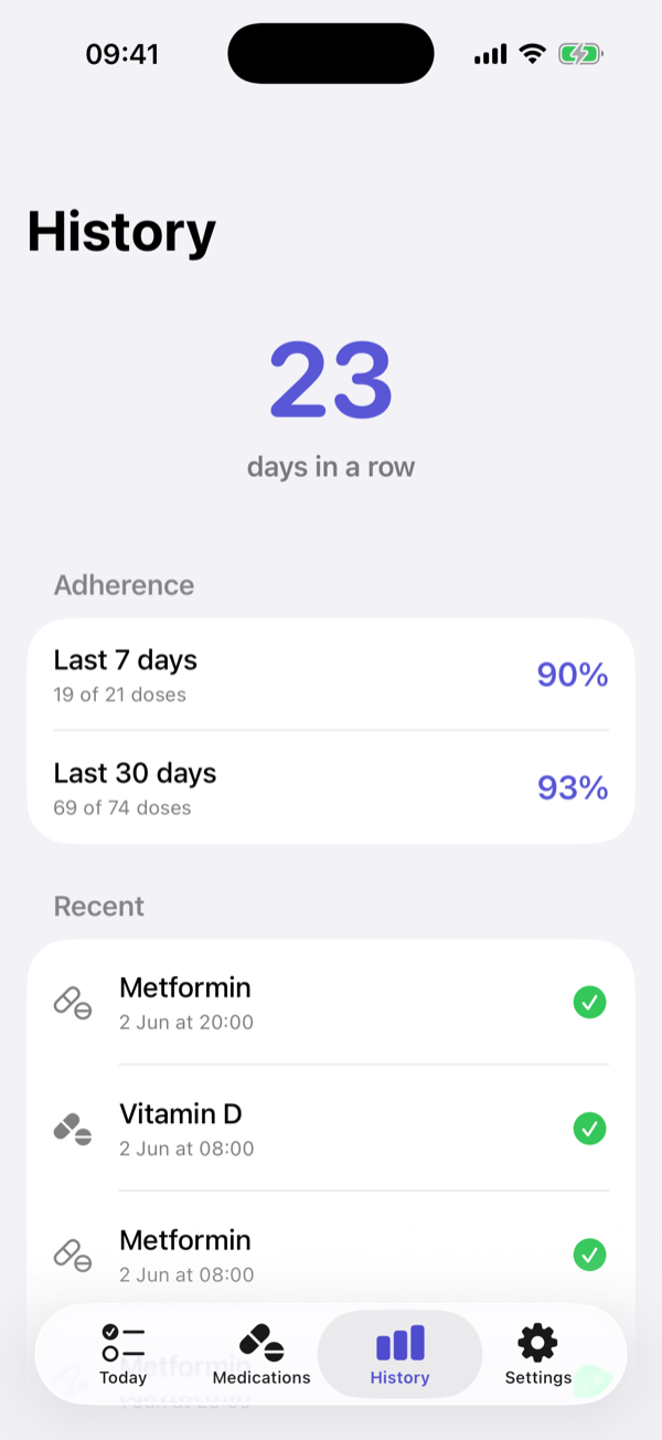History view showing an adherence streak and recent logged doses.